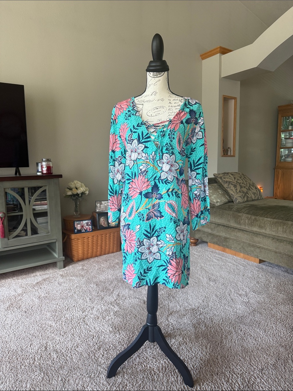 Caribbean Joe Teal Floral Tie-Front coverup Dress with Coral Accents
